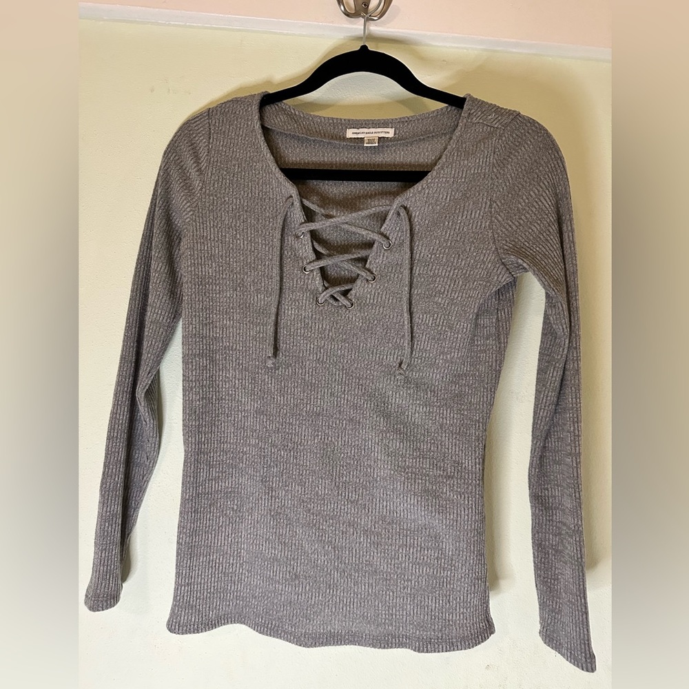 XS American Eagle Grey Long Sleeve Criss-Cross Tie-Up Neckline